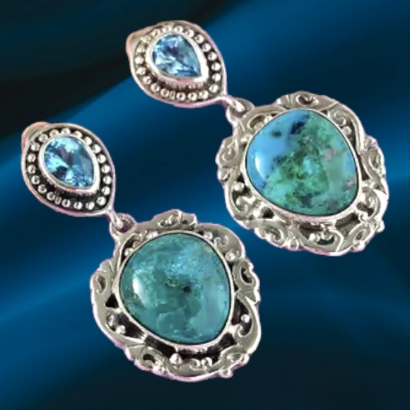 NWT PERUVIAN OPALINA & BLUE TOPAZ EARRINGS IN STERLING SILVER 18.00 CTW
